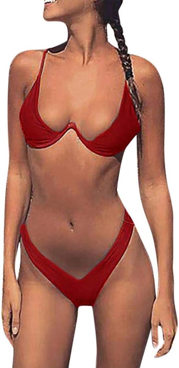 Babydolls, nachtjaponnen & negligés dames Vrouwen Bikini Set Sexy Badpak Baden Off Shoulder Beachwear Strand Biquini-Red_L