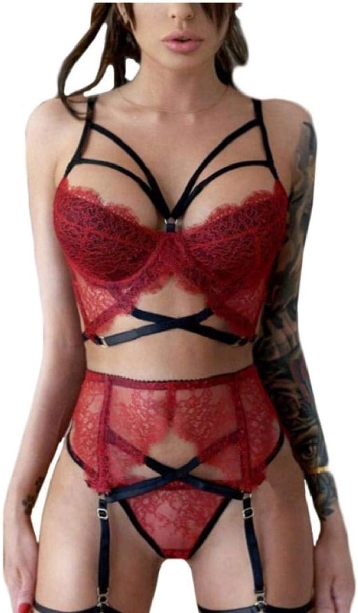 Sexy dames erotische lingerie Vrouwen Sexy Lingerie Kanten Beha Kousenband Slips Ondergoed Erotische Porno Perspectief Nachthemd-Red_L