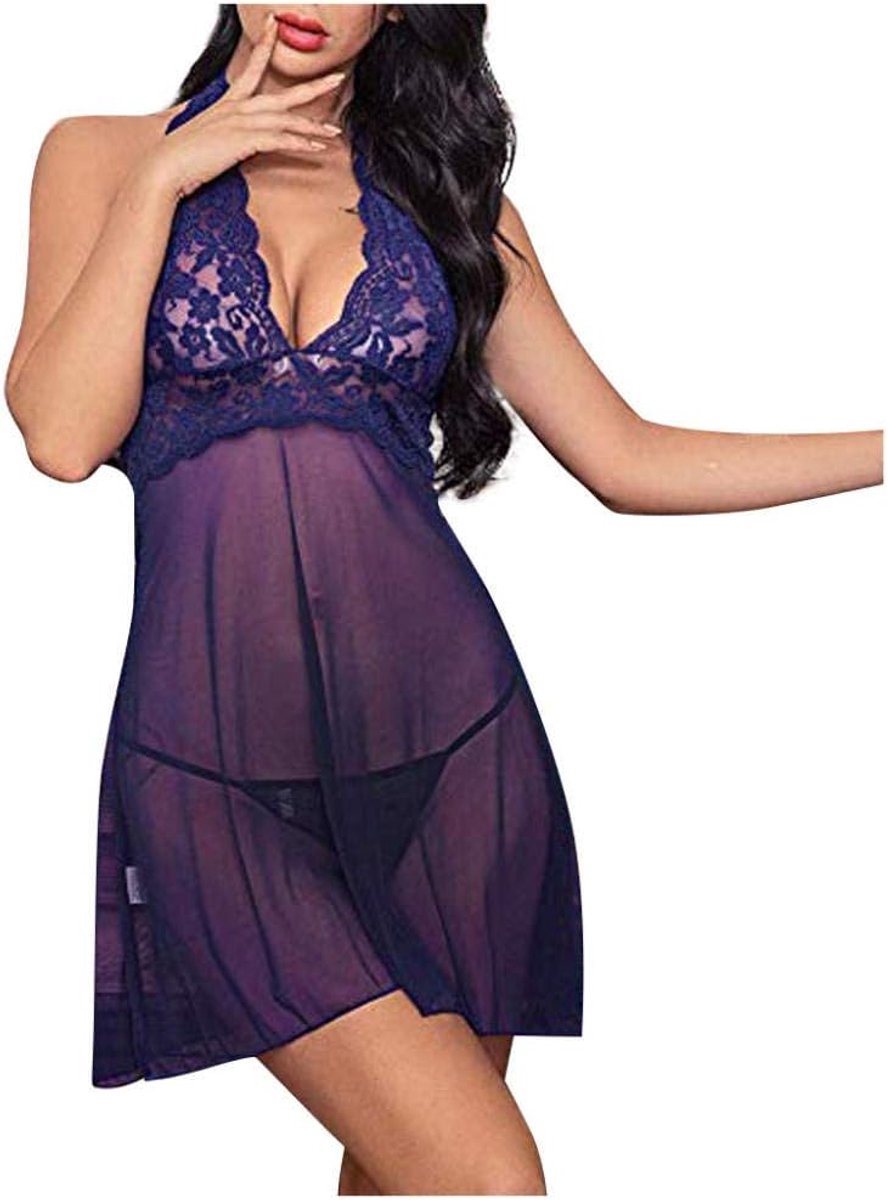 Dameskostuums Vrouwen Sexy Kanten Lingerie Beha Sexy Transparante String Verleiding Nachthemd Erotische Ondergoed Dames Nachtkleding Set-purple_L