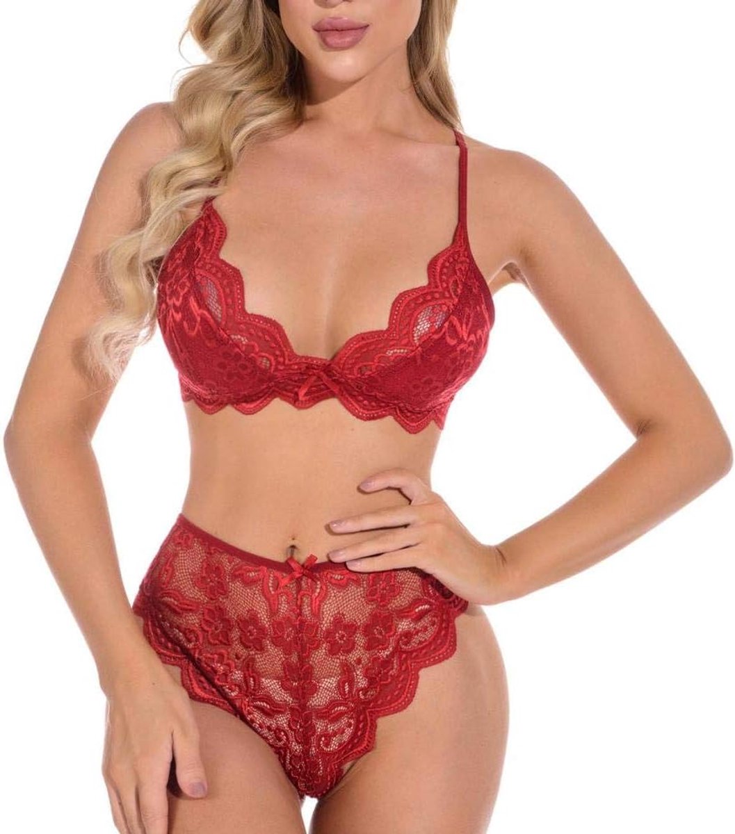 Lingeriesets dames Sexy Ondergoed Vrouwen Erotische Lingerie Hol Kant Draadloze Beha Slips Nachtkleding Verleiding Kostuum Sex Porno-Red_M