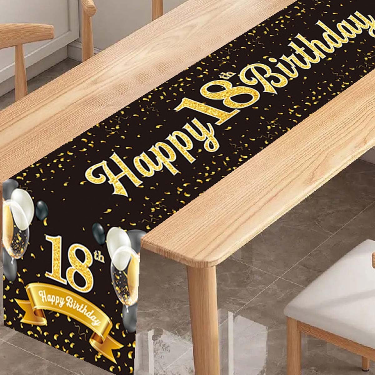 Tafelloper 18e verjaardag zwart goud - 18e verjaardag decoratie, Happy 18th Birthday tafelloper voor mannen en vrouwen, perfect voor jubileumfeesten, feesten en diner decoratie - 180 x 35 cm