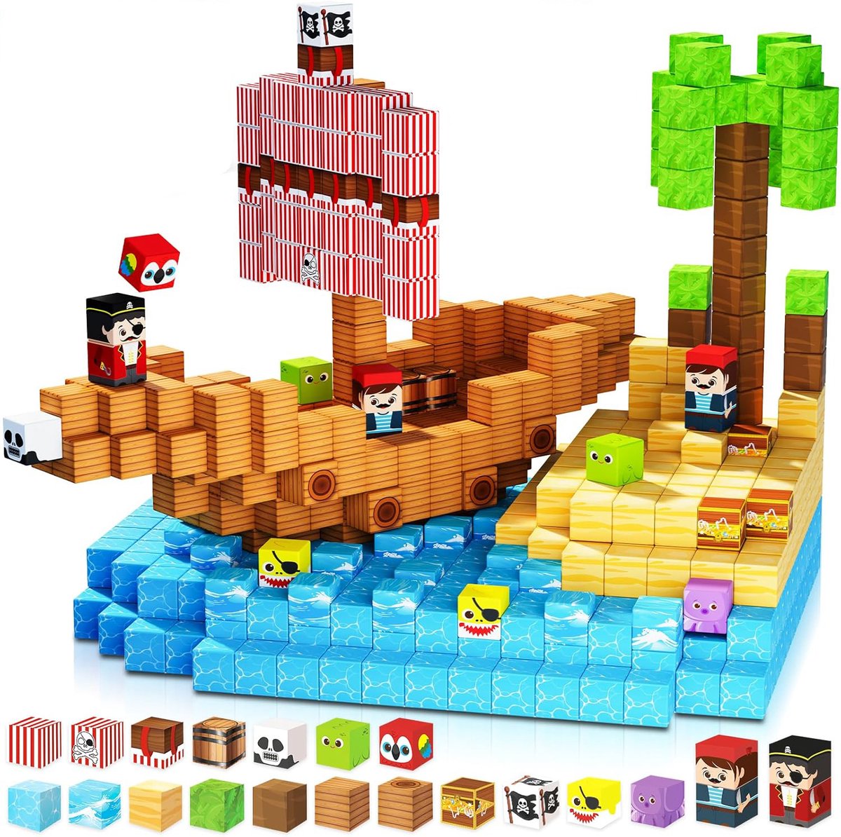 Zee Avontuur Thema – 100-Delige Magnetische Tegels Voor Kinderen – Creatief STEM-Spel En Bouw Een Boom, Boot En Schat – Duurzaam En Veilig – Voor Jongens En Meisjes