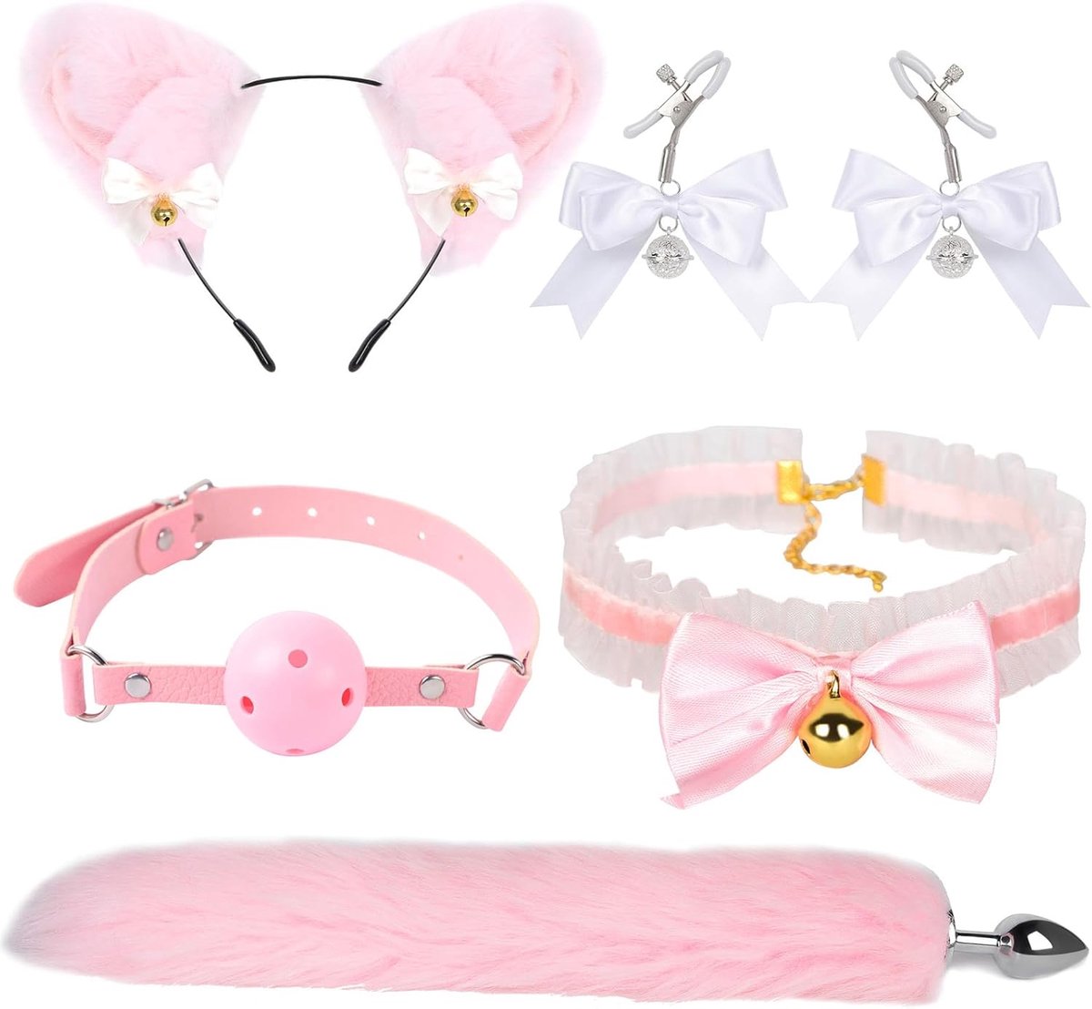 5PCS/Set Fox Tail Anal Plugs, Butt Plugs with Cat Ears Nipple Clamps Mouth Gag Sex Play SM Adult Sex Toys Cosplay Suitable for Men Women (Pink)