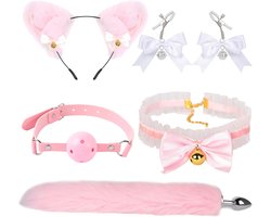 5PCS/Set Fox Tail Anal Plugs, Butt Plugs with Cat Ears Nipple Clamps Mouth Gag Sex Play SM Adult Sex Toys Cosplay Suitable for Men Women (Pink)