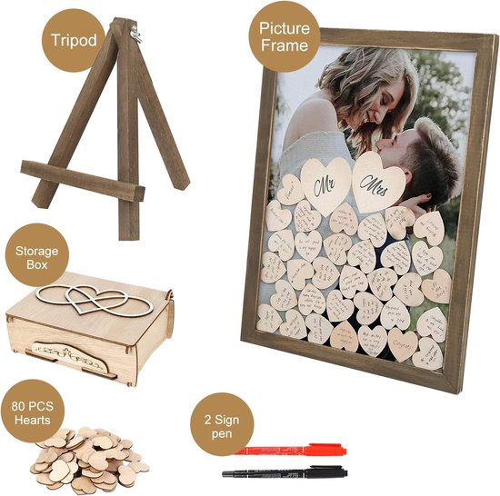 Gastenboek voor bruiloft, met fotolijst, 100 houten hartjes om te beschrijven, gastenboek bruiloft, houten set voor bruiloften, verjaardagen en babyshower — afbeelding 2
