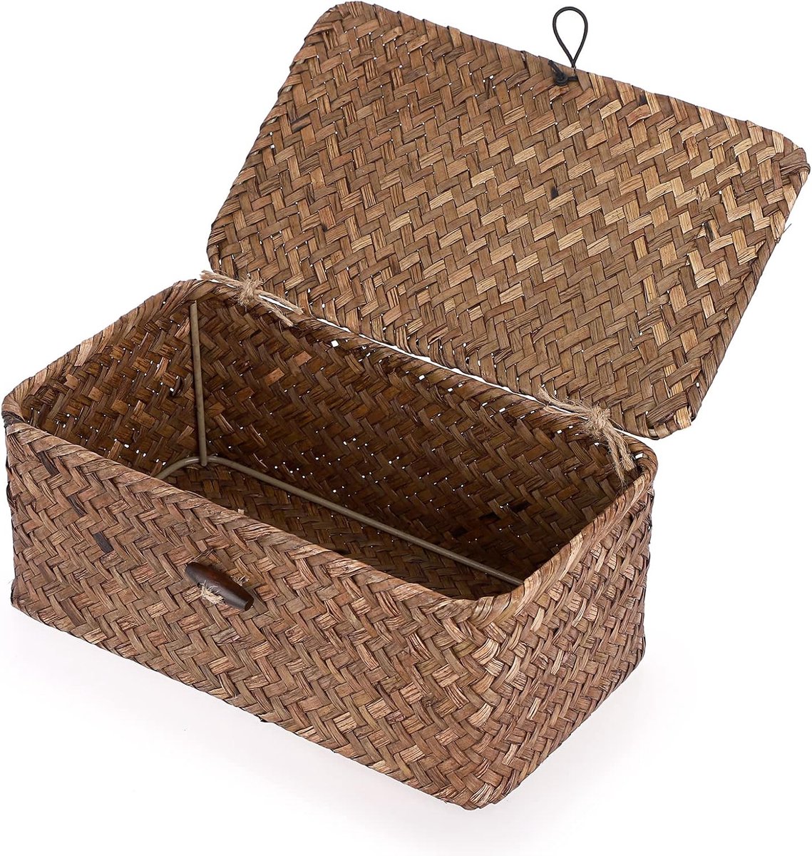 Opbergmand van rieten vlechtwerk, met deksel, mand voor rekken, opbergdoos, tafelorganizer (koffie, 23 x 13 x 10 cm)