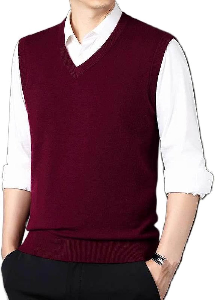 Herfst En Winter Heren Kasjmier Gebreid Vest, Klassiek All-Match Slank Vest Heren Effen Kleur Pullover Mouwloze Kasjmier Trui Trui, Gentleman Knitwear Sweater Tank Tops, Wijnrood, S