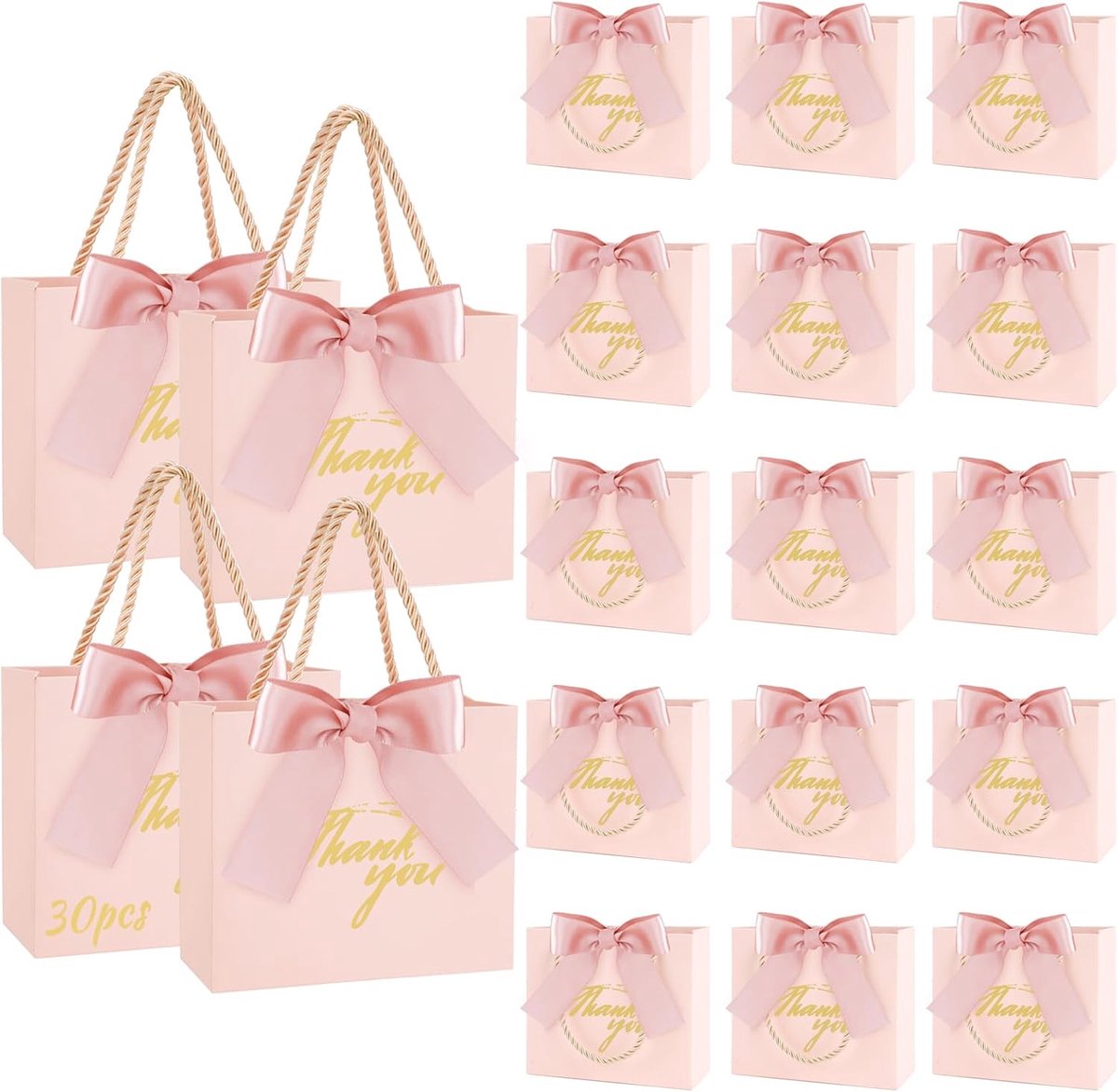 Cadeautasjes voor Thanksgiving met handgrepen, 14 x 6 x 12 cm, SHAIDOJIO cadeauzakjes papier met roze strik, roze Thank You cadeauzakjes voor feest, bruiloft, verjaardag, bruidsdouche