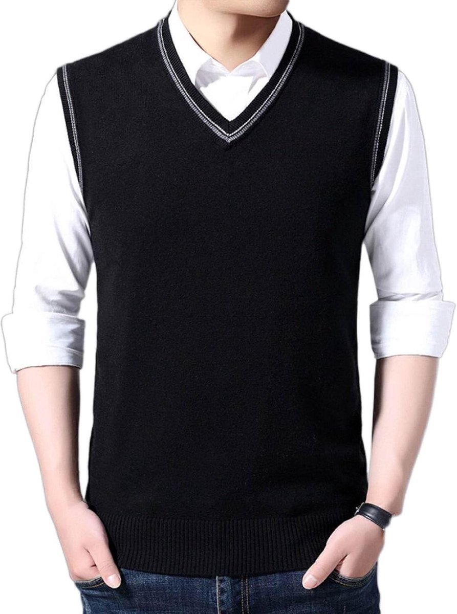 Kasjmier Vest Met V-Hals, Winter Contrasterende Kleuren Mouwloos Gebreid Vest Pullover Trui Vest, Klassiek Zakelijk Heren Gebreide Vest Trui Tanktops, Zwart, S