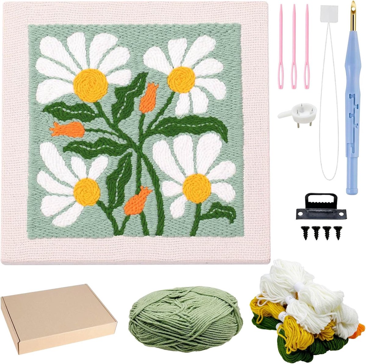 Punch Needle Kit Frame, Punch Needle Borduurset, Vierkante Stof met Bloempatroon, Hoepel, Garens (Groen en Wit)