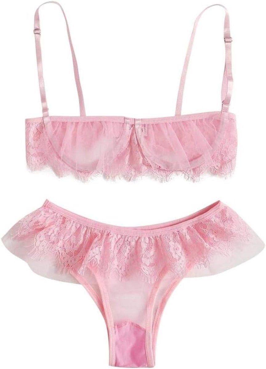 Lingerie Dameslingerie Sexy set kanten Kimono nachtkledingDames Pyjama Sexy Lingerie Roze Thongs Bh Kanten Transparant Slipje Kostuums Ondergoed Erotische Lingerie-PK_S