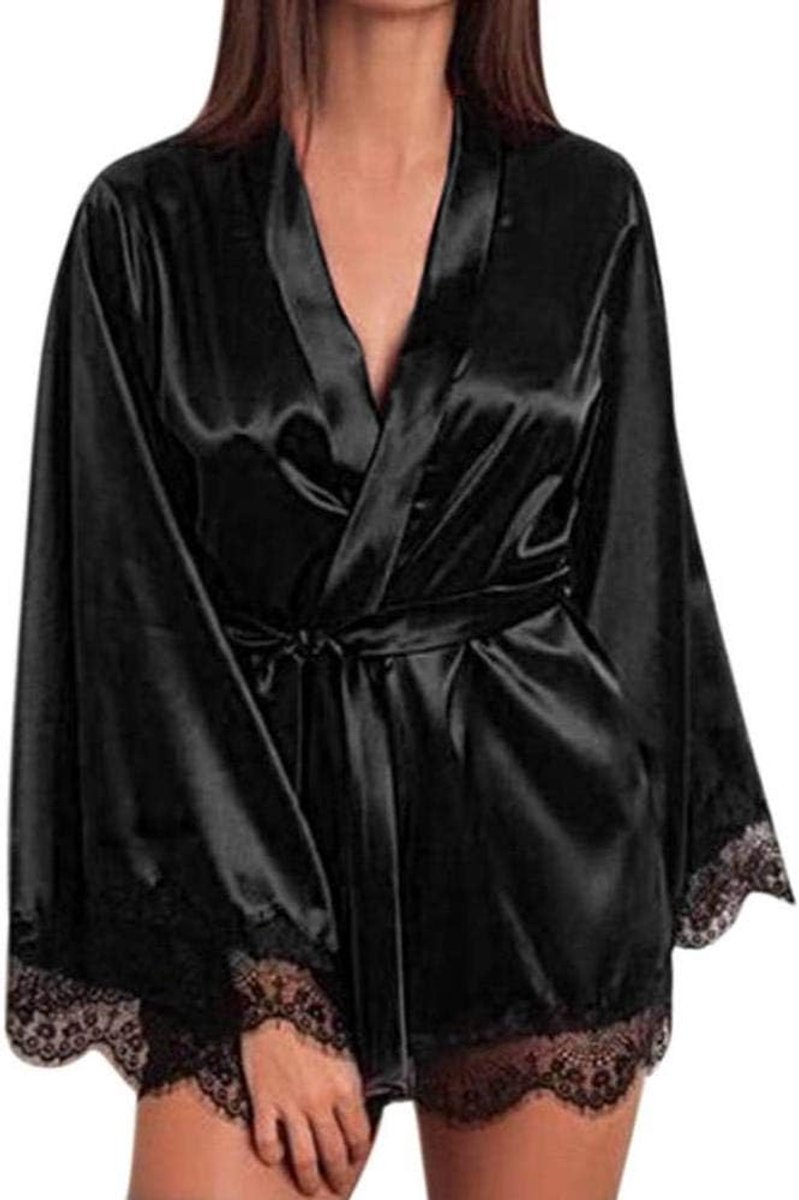 Sexy dames erotische lingerie Dames Nachtkleding Satijnen Nachthemd Zijden Kanten Lingerie Nachtjapon Nachtkleding Sexy Pyjama-Black_XL