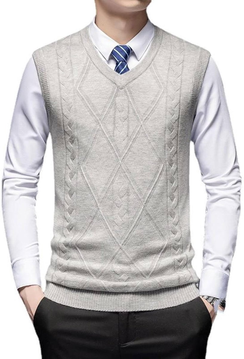 Herenvest Met V-Hals, Klassiek Herfstherenkabelgebreide Trui, Casual All-Match Vest, Trend, Mouwloze Toptrui, Zakelijk Herengebreide Gebreide Vesttrui, Tanktops, Wit Grijs, S