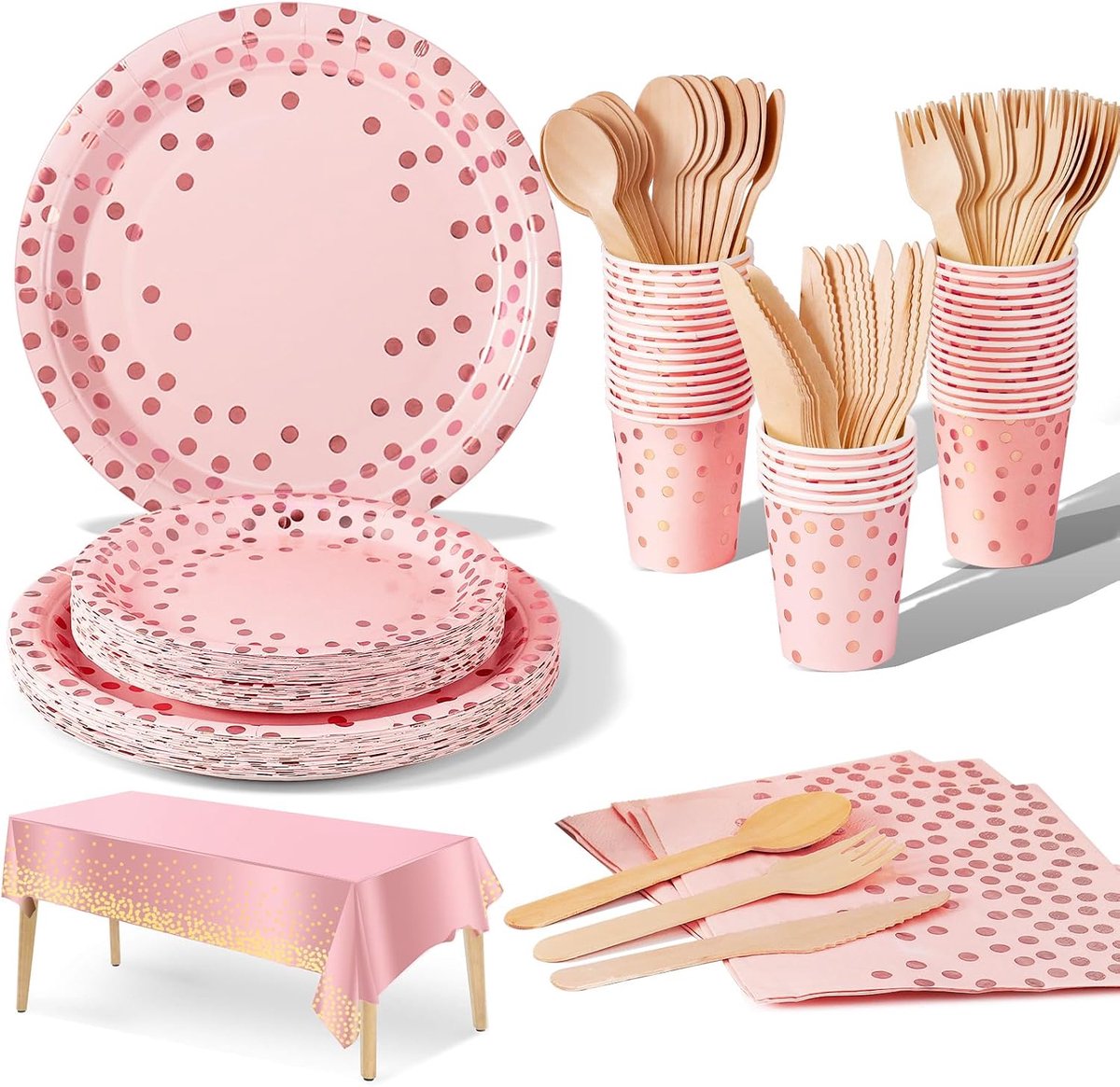 Feestservies 141 stuks roze en roségouden papieren serviesset inclusief papieren borden, servetten, bekers, messen, vorken, lepels voor bruiloft, douche, verloving, bruiloft, verjaardag (20