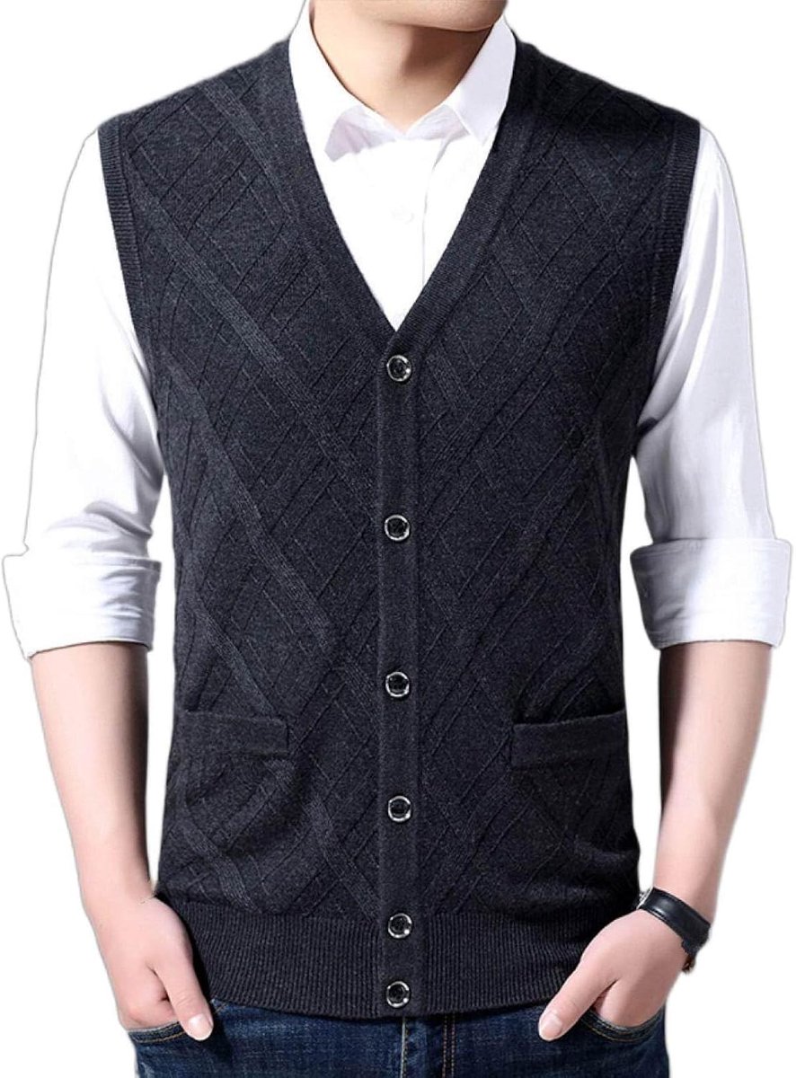 Effen Kleur Gebreid Vest Bovenkleding, Jeugdmode Heren Argyle V-Hals Vest Vest Casual Trendy Trui, Klassiek Zakelijk Heren Gebreide Vest Trui Vest Tanktops,Donkergrijs,S