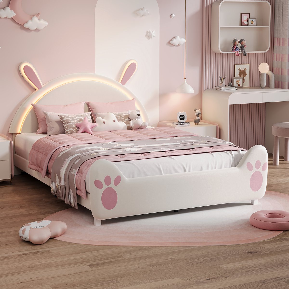 Yelenaro Kinderbed 140x200 cm, gestoffeerd bed met LED Verlichting, Meisjesbed in de vorm van een konijn, Tweepersoonsbed, prinsessenbed, Fluweel Wit, zonder matras