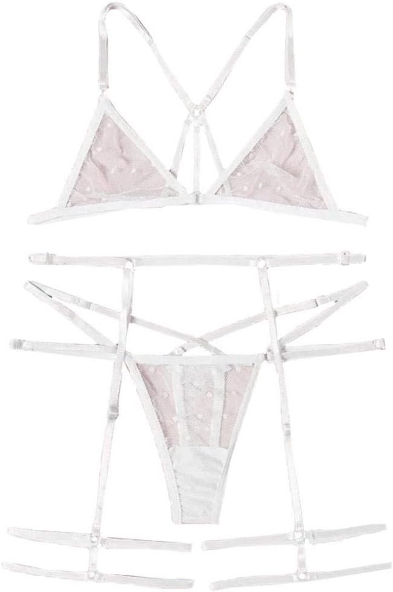Sexy Lingerie Zie Hoewel Kanten Ondergoed Mesh Dot Beha Panty Kousenband Nachtkleding Erotische Set-WHITE_L