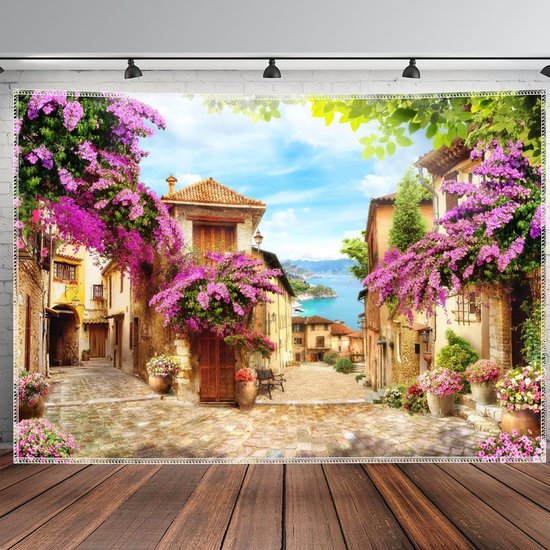Mediterrane wandtapijt, bloeiende bougainvillea, straatscène, wanddoek, kuststad, natuur, landschap, boho, mooie wandtapijten, café, restaurant, woonkamer, achtergrond decoratie, 300 x 180 cm — afbeelding 5