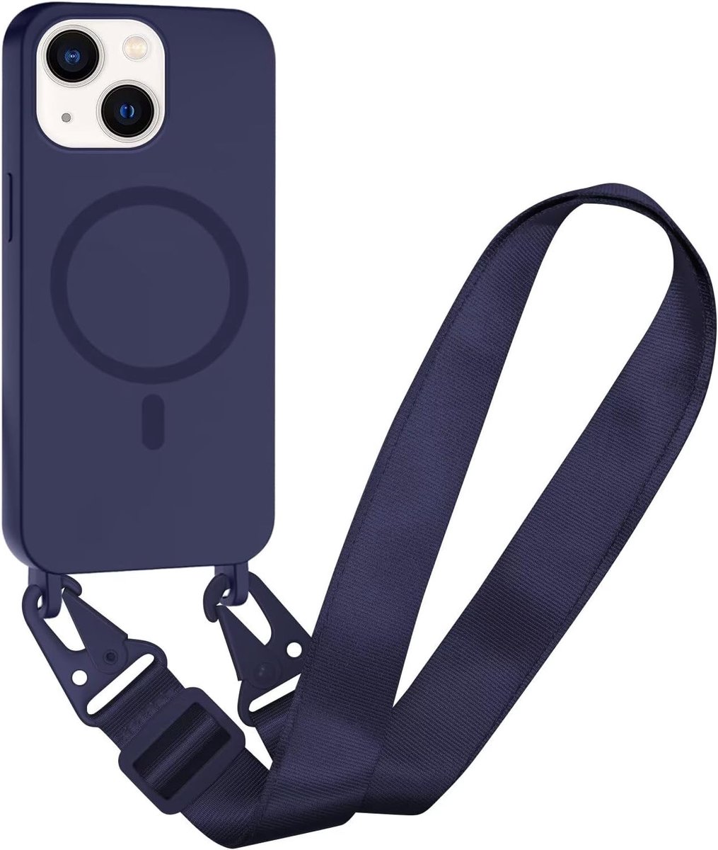Compatibel met iPhone 13 Mini draadloos opladen, schokbestendig, verwijderbaar telefoonhoesje met verstelbare nekband, ketting, zachte hoes voor iPhone 13 Mini, marineblauw