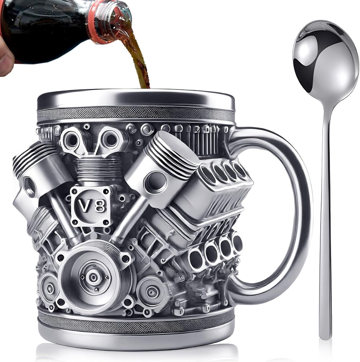 3D V8 Motors roestvrijstalen mok, 300 ml motoren, roestvrijstalen koffiekopjes, motorvorm, theekopjes, voor thuis, studio, reizen, autoliefhebbers (zilver)
