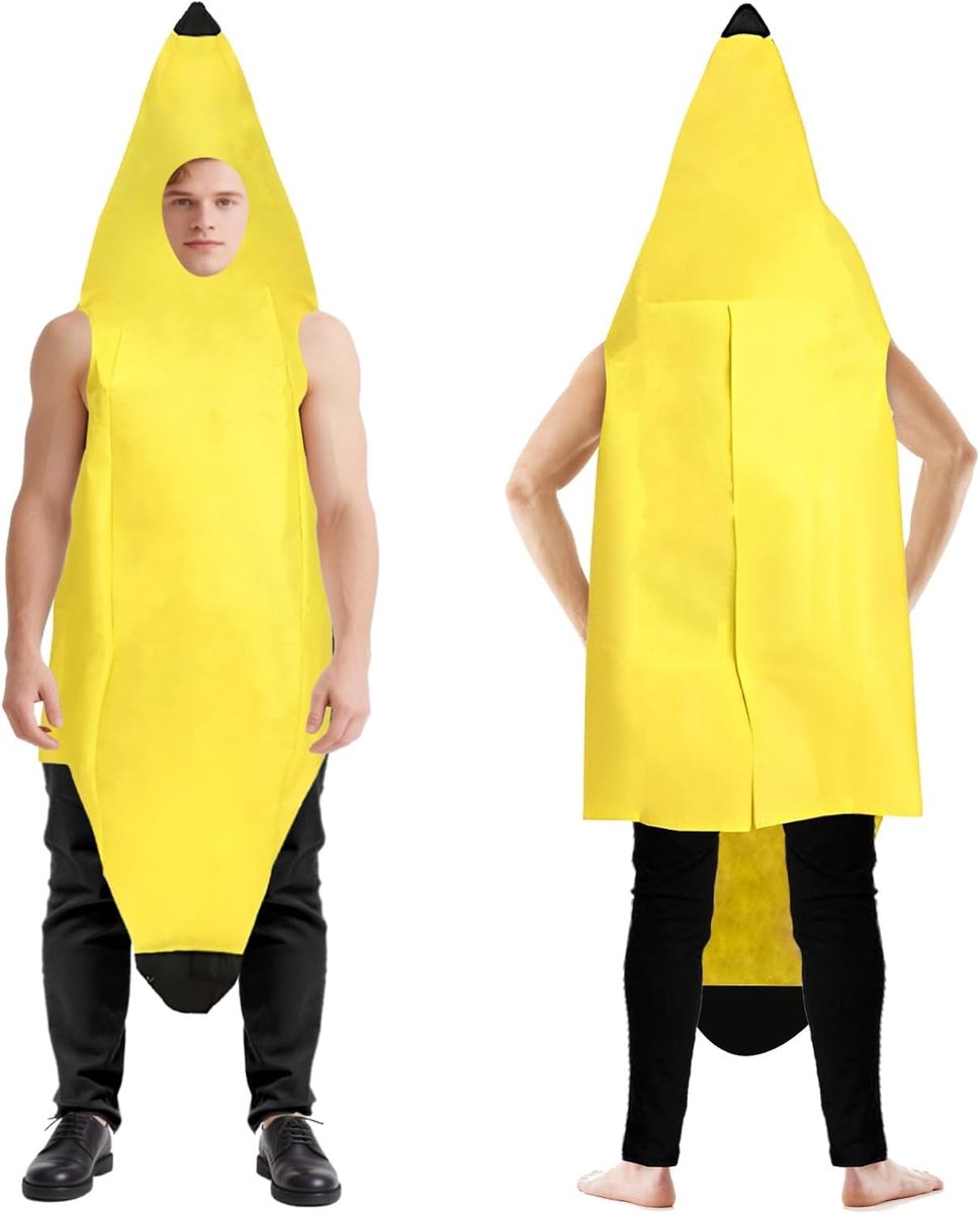 Kostuum Novelty Fruit Costumes Grappig Bananenkostuum voor Volwassenen Mannen Vrouwen, Carnaval vrijgezellenfeest Party en Cosplay Halloween, Eenheidsmaat Bananenkostuum voor 150-175 cm