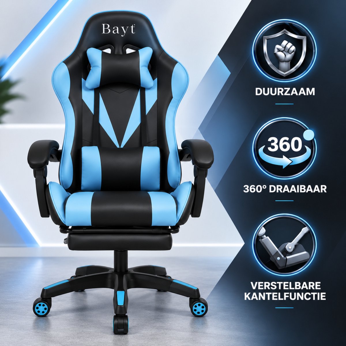 Bayt Gamingstoel Ergonomisch Zwart en Lichtblauw - afbeelding 2