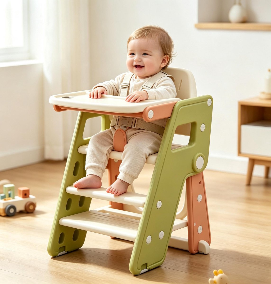 3-in-1 Opvouwbare Leertoren voor Peuters - Hoogteverstelbare Keukenhulp met Lade - Antislip Stapladder van HDPE - Groen-Bruin