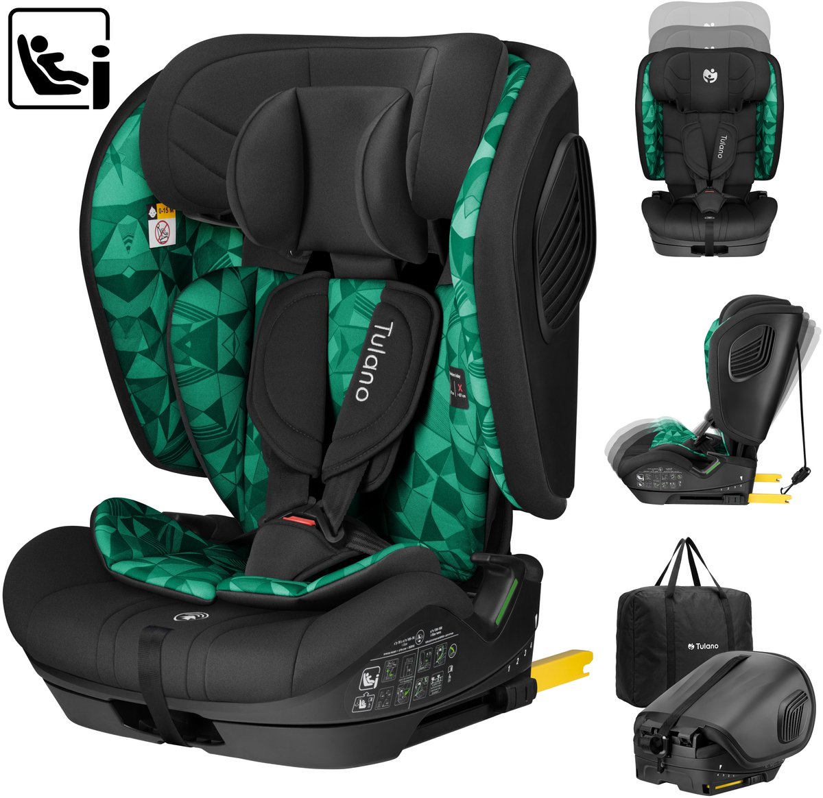 Tulano Zooma 55 i-Size Meegroei Autostoeltje - Kinder Autostoel (76-150 cm) - Zwart/Groen