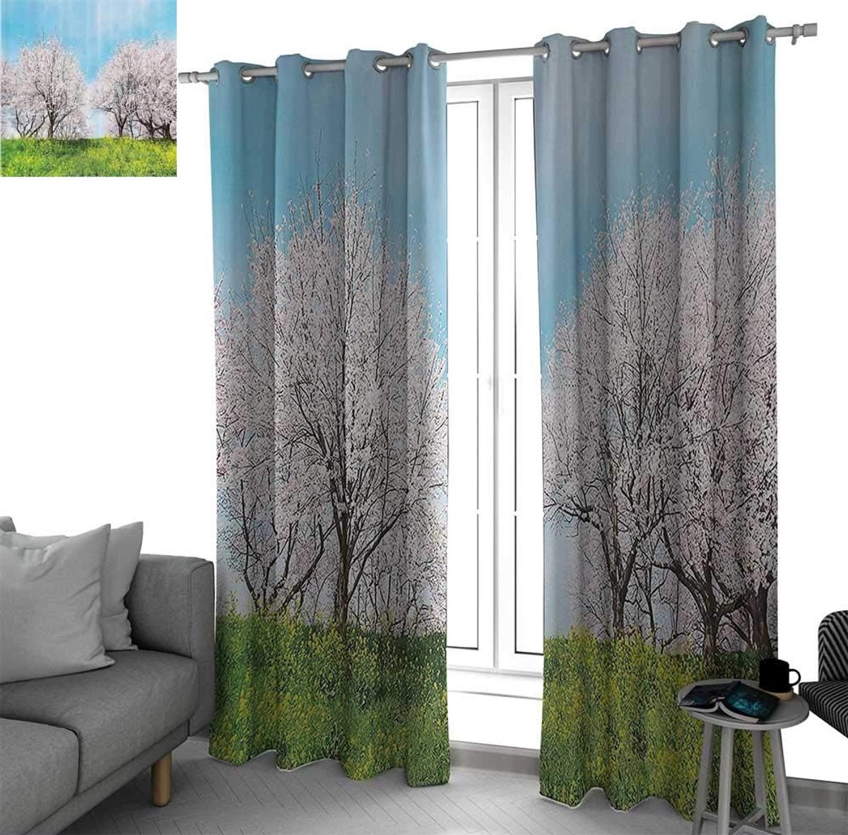 Raamgordijn voor de woonkamer, Japans lentelandschap met gras, wilde bloemen, kersen en roze bloemen, 2 panelen, Art Deco B 84 inch x L 96 inch, kleur01