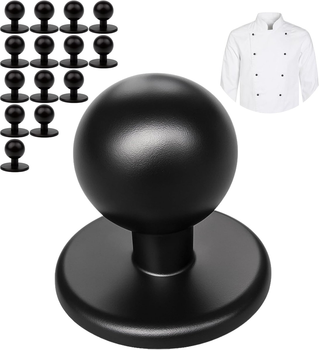 Knopen voor chef jassen, 15 stuks, in zwart, 19 x 12,5 x 18 mm buitenwerks, chef knopen met Ø 12,5 mm kop, ball button kok jack, kok pin jas keuken, cook vest pin, motief button set