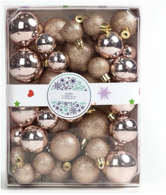 42 stuks kerstballen - meerdere maten verschijningen - 3 cm - 4 cm - 5 cm - glanzende bal en glitterbal zijn geschikt voor vakantieboomdecoratie - kerstfeestdecoratie en huisdecoratie - rosé goud