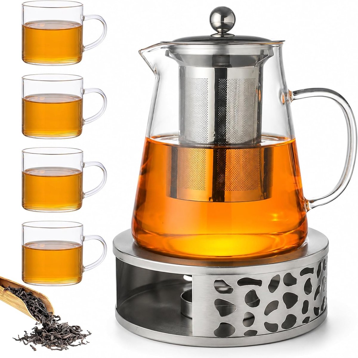 Theepot met verwarmer set, 1,3 l glazen theepot met zeef en 4 kopjes