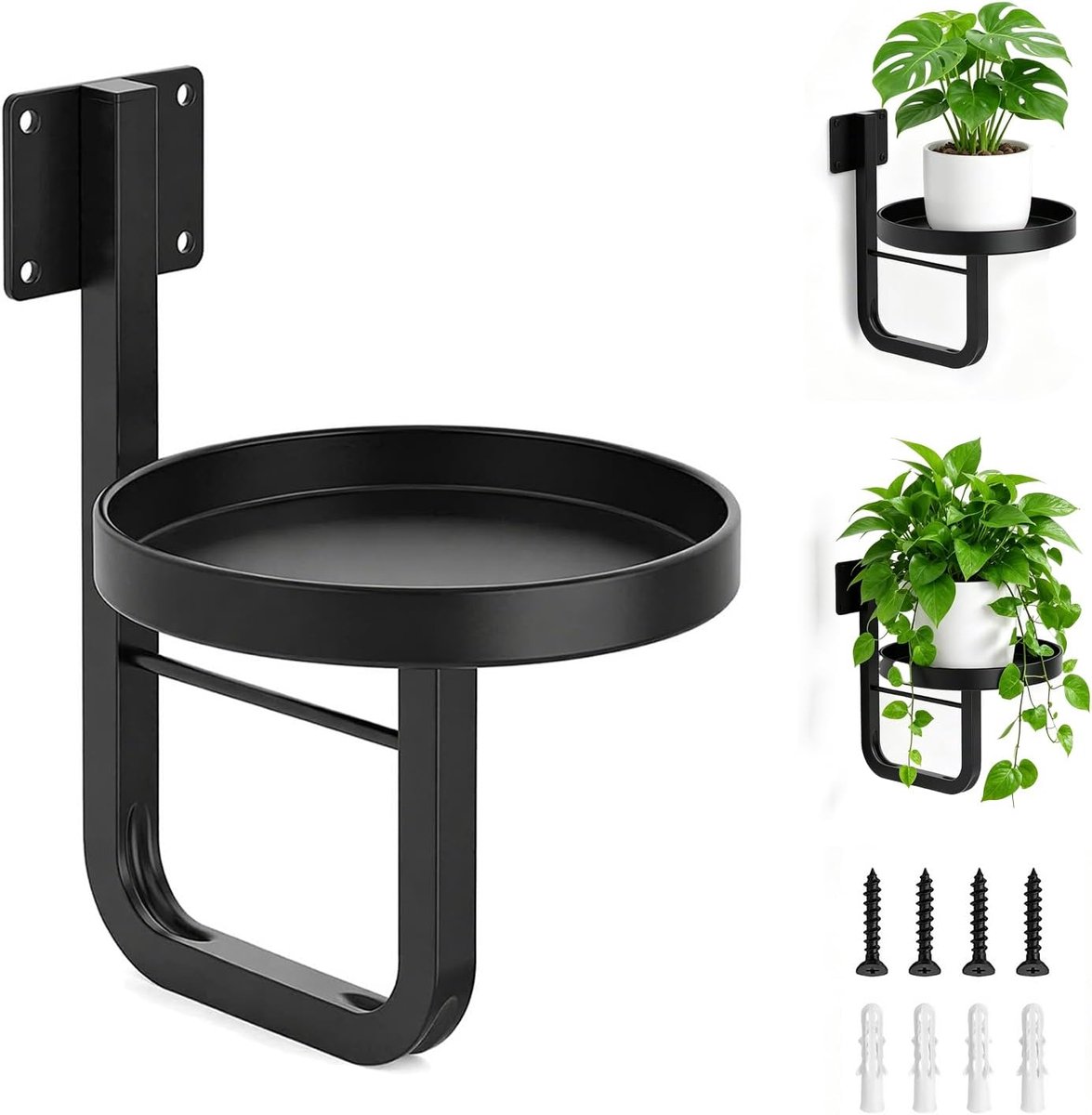 Plantenstandaard voor binnen, plantenhouder om op te hangen, van ijzer, wandhouder voor balkon, tuin, woonkamer, ruimtebesparend, stabiel, eenvoudig te installeren, zwart