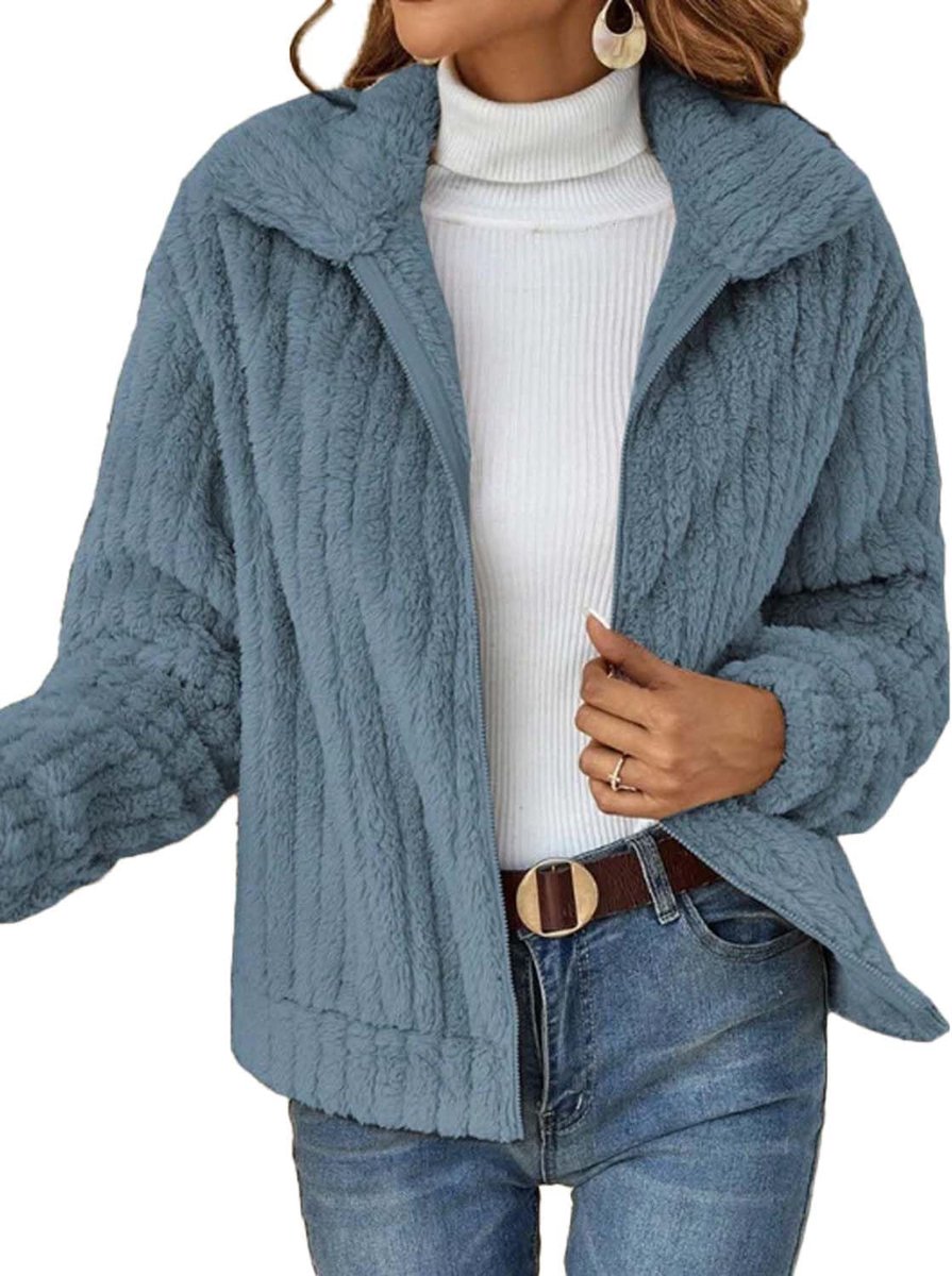 Warme pluche mantel revers korte jas herfst winter jas ritssluiting mantel met zakken