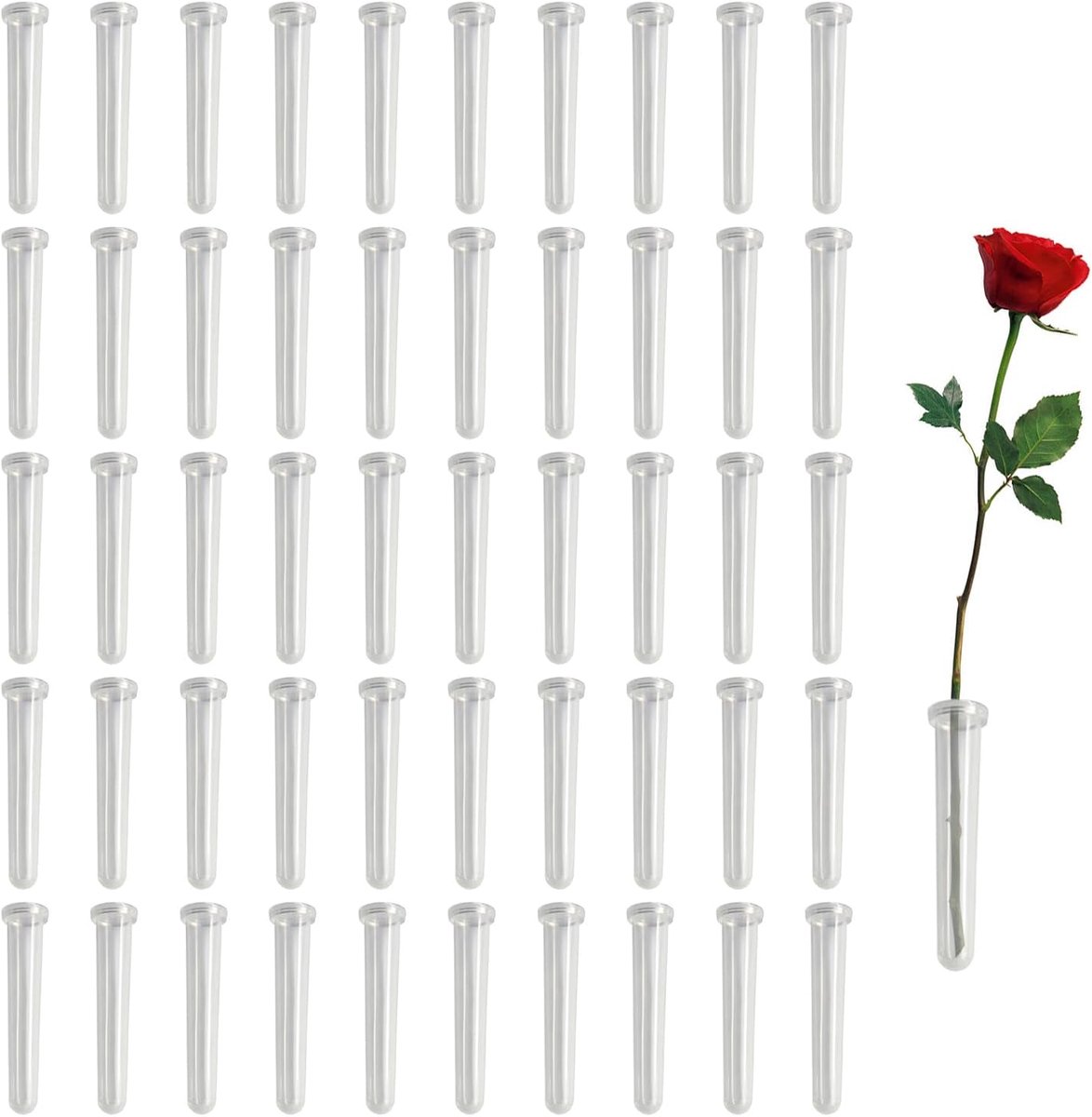 Verpakking met 50 transparante buizen voor waterconservering, waterslangen voor bloemen, kunststof slangen voor bloemen met deksels