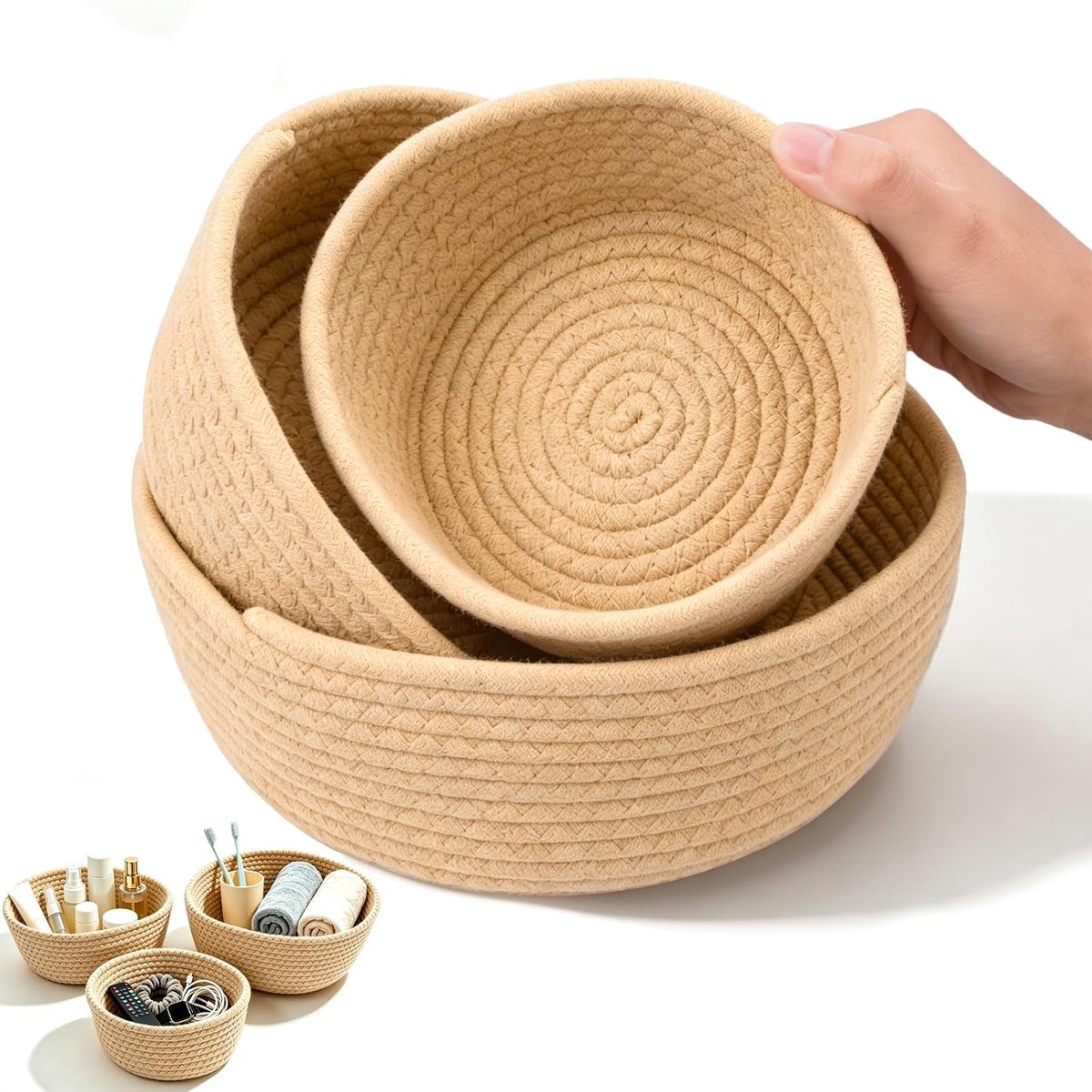 Set van 3 opbergmanden, gevlochten kaki, katoenen touw, opbergmanden, stapelbaar, zacht, stabiel, voor slaapkamer, woonkamer, badkamer, rek, decoratie, opslag (3 maten)
