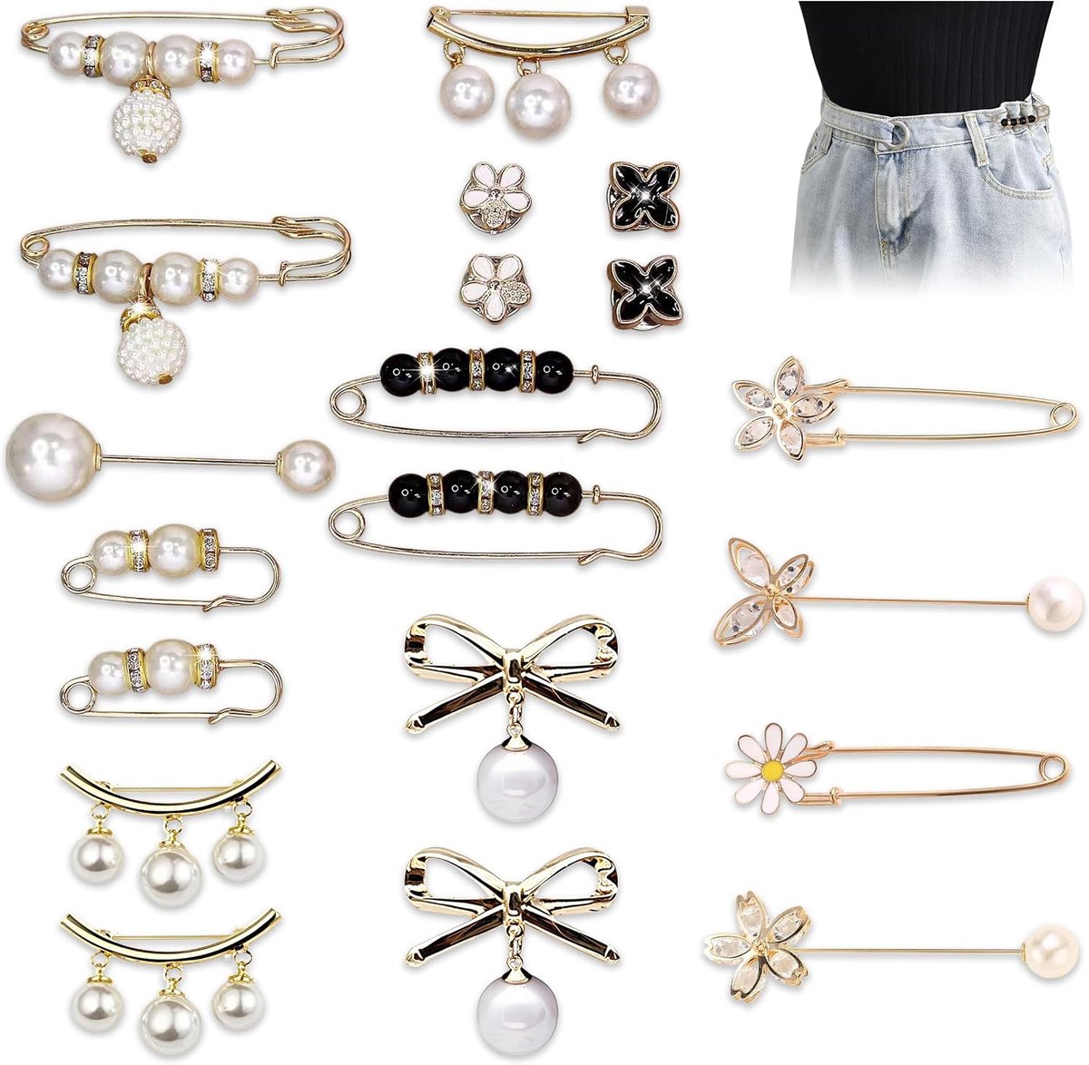 Broches voor Dames, Broches voor Kleding in Diverse Formaten, Knopen zonder Naaien voors Kleding met Kunstparels en Strass voors Broek/Jurk/Rok/Sjaal/Hoed en Bruidsjurk