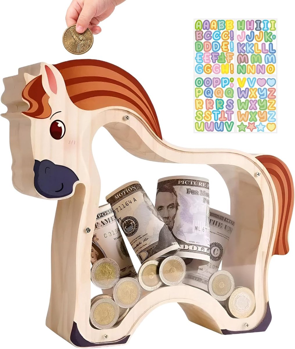 Spaarpot voor kinderen, schattige paarden spaarpot van hout