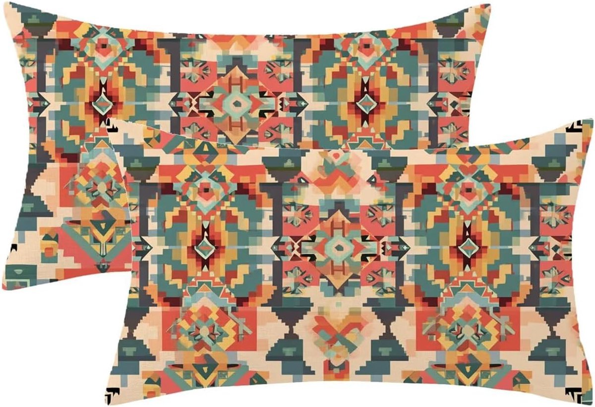 Weerbestendig, vintage kussensloop, 70 x 90 cm, set van 2, lentedecoratiekussen, boho-patroon met onzichtbare ritssluiting, bankkussen, voor buiten, linnen, sierkussen voor balkon, tuin