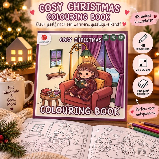Livre de coloriage Cosy Christmas avec une fille lisant dans un fauteuil, 48 pages à colorier, 22x22cm, 140 g/m².