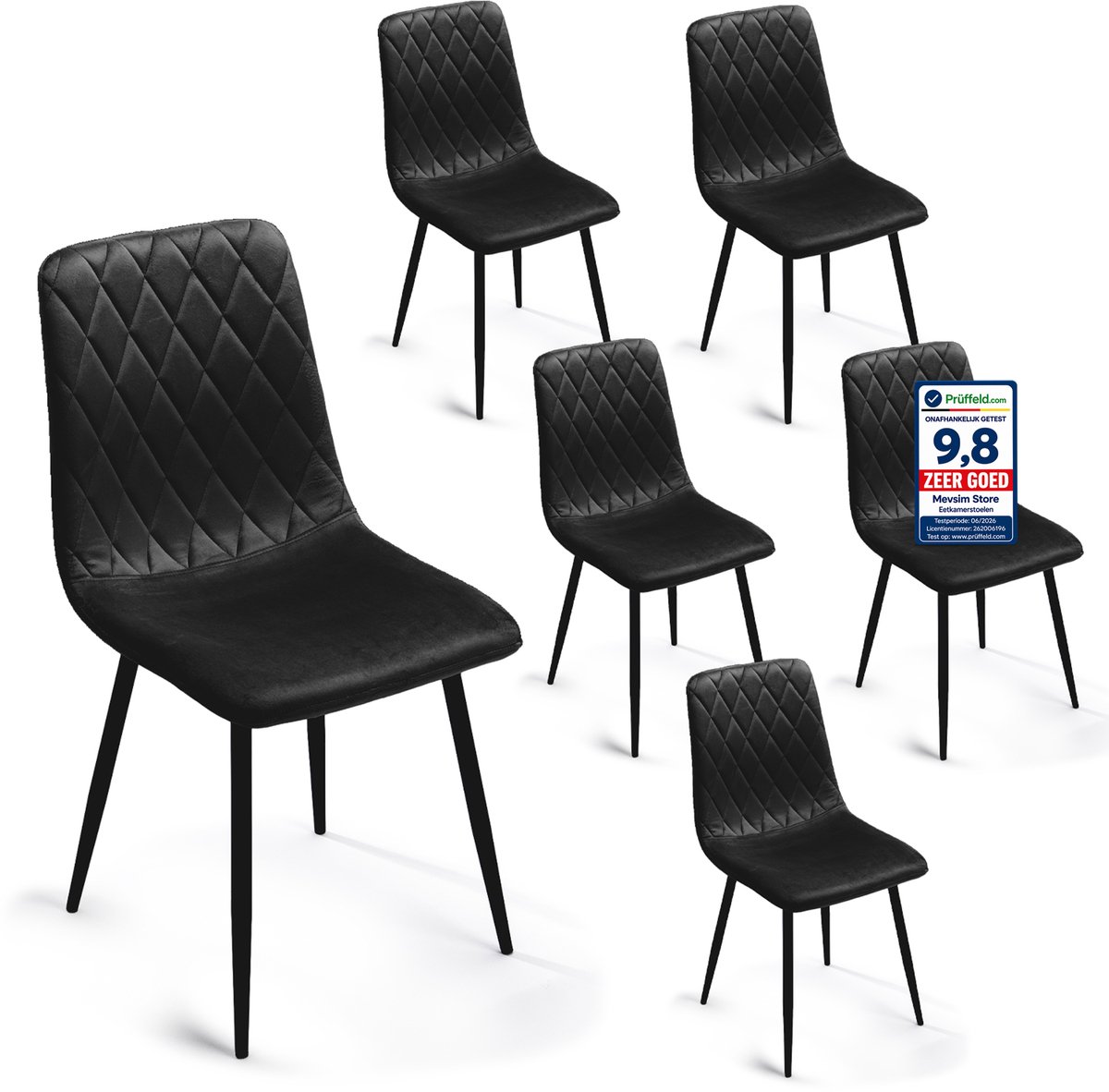 Lina Elisia Eetkamerstoel - Stoel - Zwart - Set van 6 - Velvet