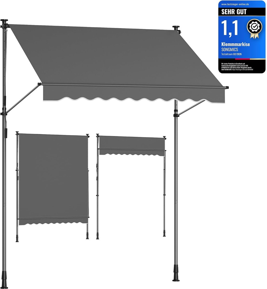 SONGMICS Klemluifel, in hoogte verstelbaar, met handslinger, 200 x 120 cm Sheld GSA202G02 Balkonluifel, zonwering, voor balkon, terras, tuin, antraciet, kleur antraciet