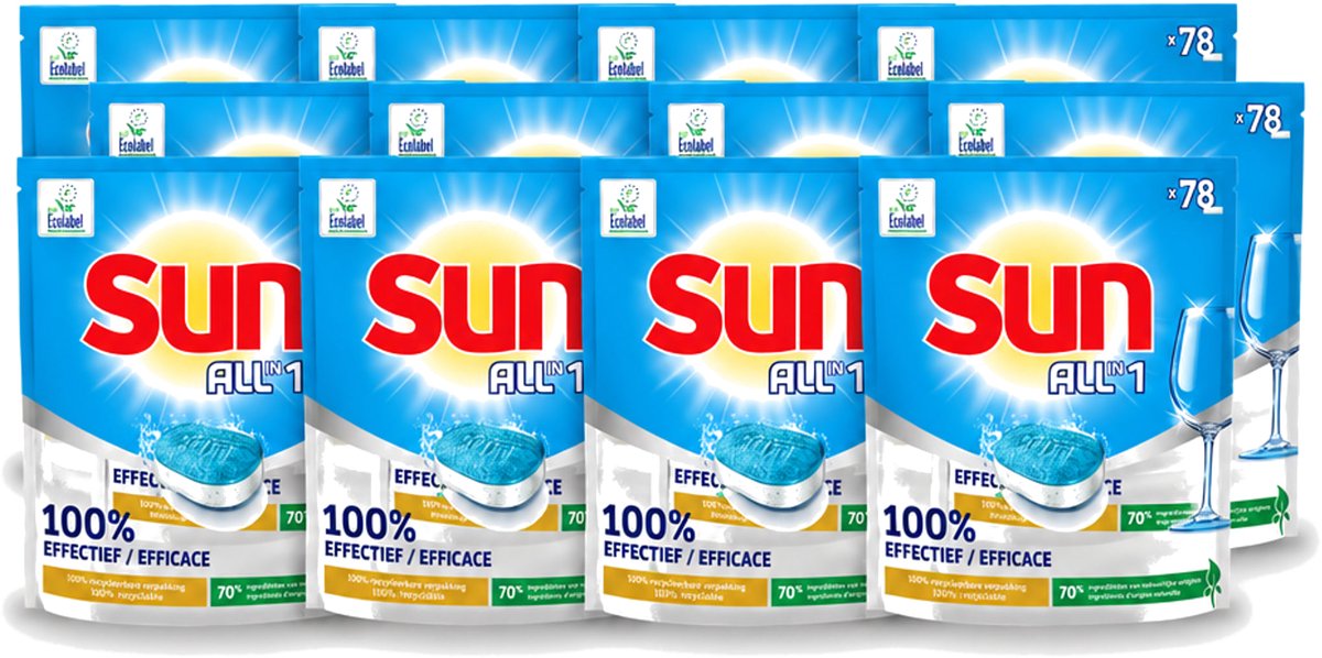 12 x Sun All-in-1 - Eco Label - Vaatwastabletten - 78 Tabletten - Voordeelverpakking - 12 stuks