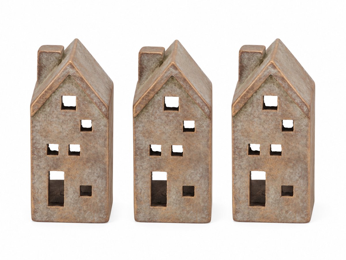 Daan Kromhout - Waxinelichthouder - Set van 3 - Huisjes - Beton - Grijs - Goud - 7x8x14cm - Kerst