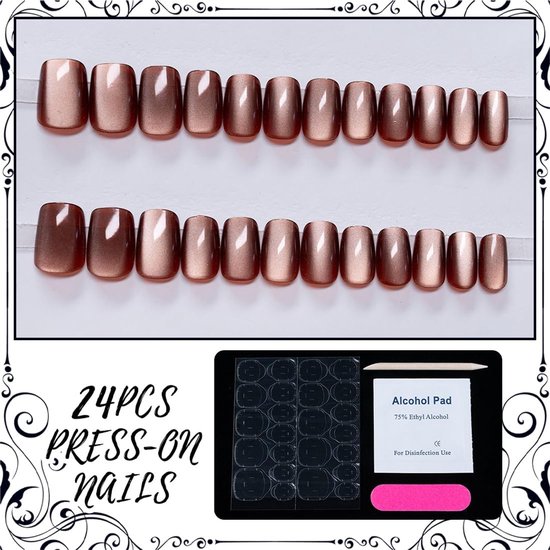 24 Stuks Press On Nagels Kort, Hoeksgewijs Kunstmatige Vingernagels om Op te Plakken, Acryl Press On Nails French, Volledige Dekking Kunstnagels voor Vrouwen en Meisjes (Maillard) — afbeelding 3