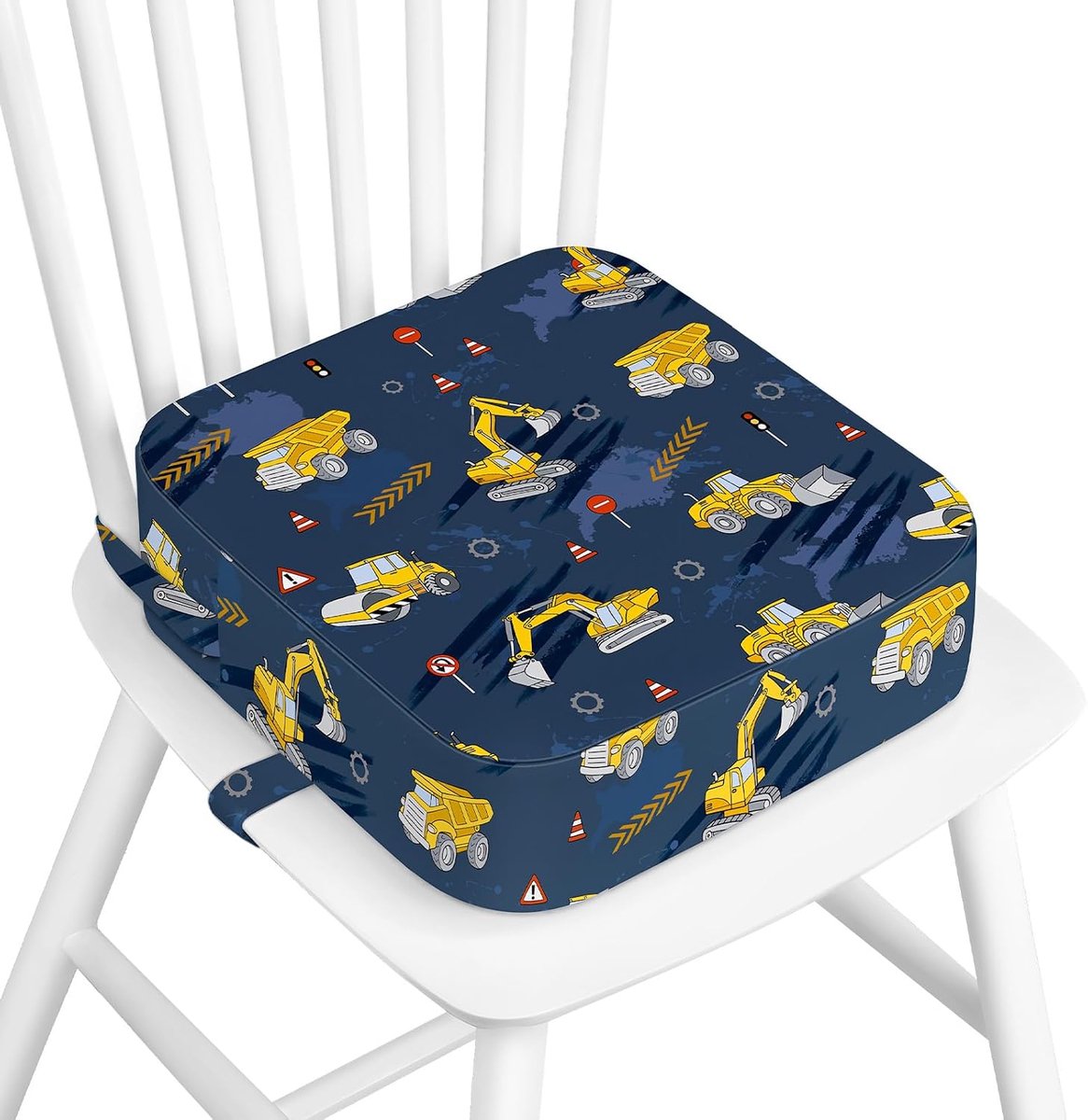 Boosterstoel voor eettafel, 4 inch kinderverhoger voor keukenstoel met antislip onderkant, draagbaar afneembaar reiskussen met 2 verstelbare riemen (moderne graafmachine)