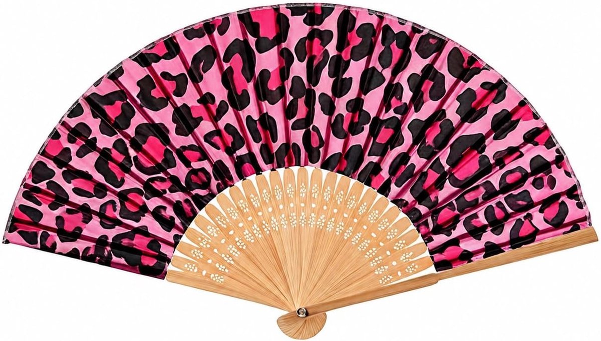 Handwaaier met roze luipaardpatroon en houten stangen, waaier met opvallend roze luipaarddesign, perfect voor afkoelen in de zomer, voor feestfoto's en als stijlvol accessoire (23 cm)