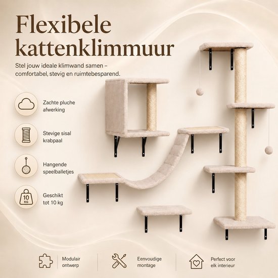 Modulaire beige kattentoren met krabpaal, speelballetjes, huisje en plateaus. Geschikt tot 10kg.