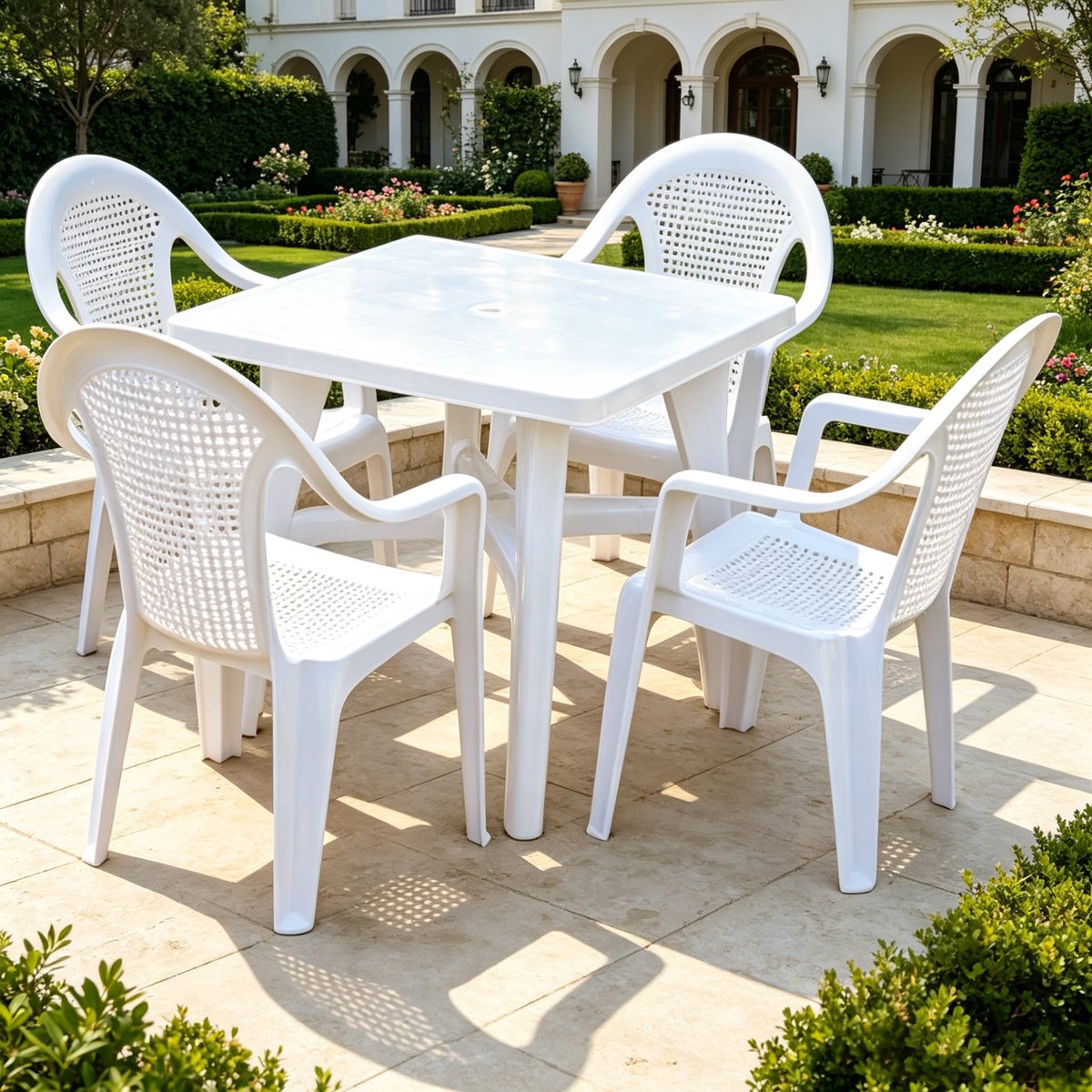 Tuinset inclusief 4 stoelen – een complete eettafel- en stoelenset voor buiten met een maximaal draagvermogen van 150 kg ideaal voor feesten en bijeenkomsten 80*80*72 cm wit