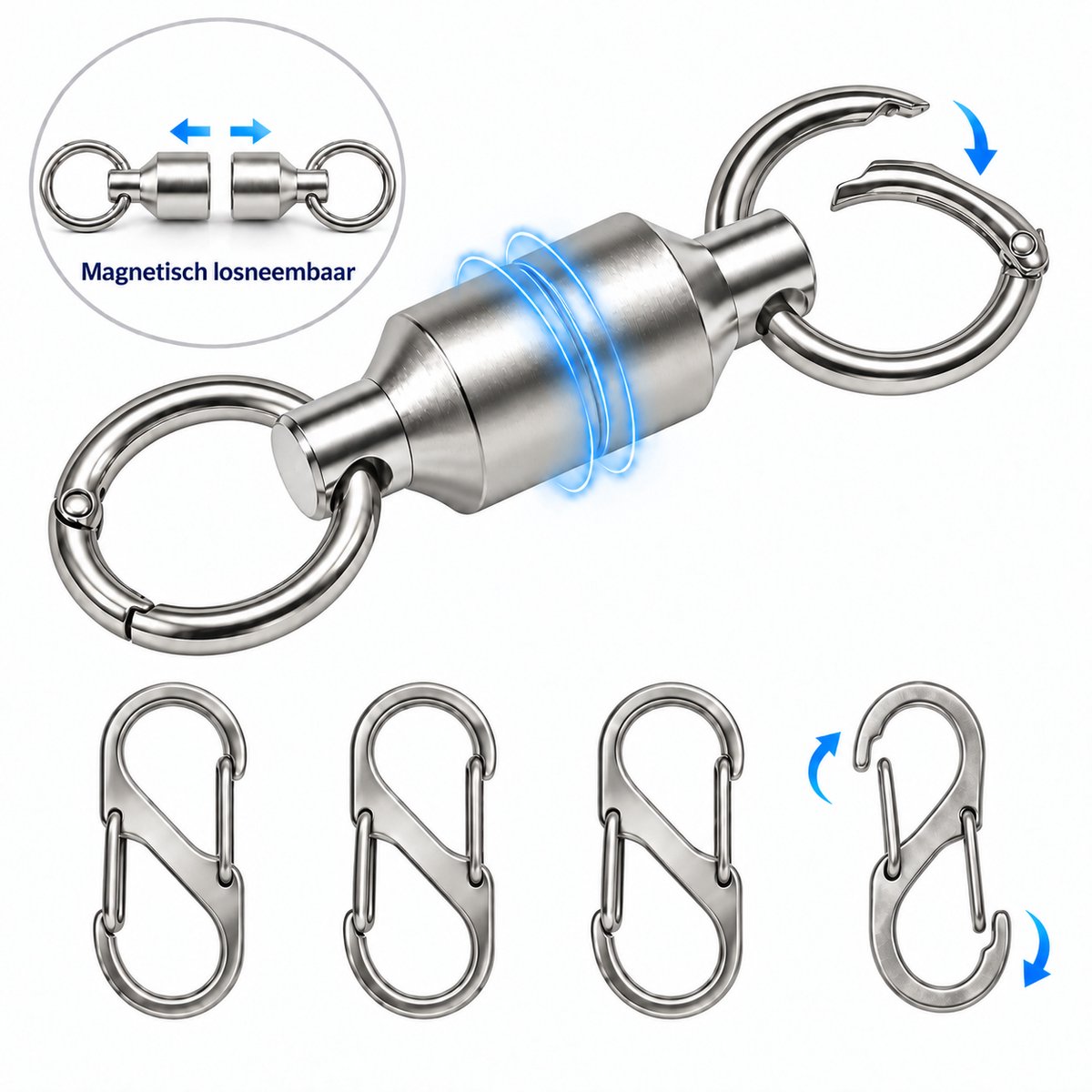 8-Delig Afneembare Magneet Sleutelhanger - Deelbare sleutelhouder - Quick Release Auto Sleutelhouder - Snel & Eenvoudig Keychain met Karabijnhaak, Musketonhaak, Sleutelringen - Autosleutel voor Vrouwen, Mannen, Dames - Karabijnsluiting Sleutel hanger